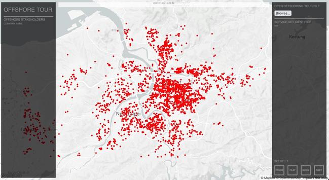 Map of Taiwan with red dots of known offshore leaks addresses in Taipei
 Large view