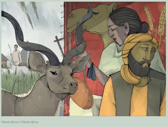 Grafik aus der "Planet Africa"-Ausstellung, die im Hintergrund eine Graslandschaft, einen Hirtenjungen und Schafe zeigt. Im Vordergrund links eine Antilope und rechts die Darstellung eines Mannes und einer Frau, dahinter ist das Bild eines Kamels zu erkennen.