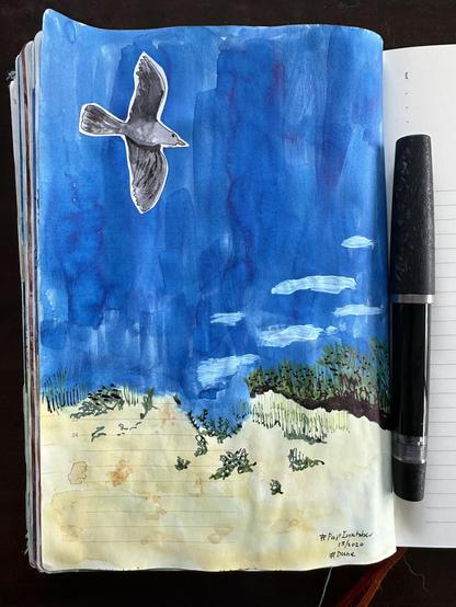 Sketch in sketchbook of a dune-scape with a deep blue sky with small clouds drifting by. Also a seagull flies through the scene