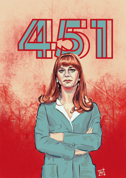 digital pencil & ink illustration of julie christie as she appeared in the 1966 film, 'fahrenheit 451'.
she stands with her arms crossed, looking directly at the viewer.
above her head is a stylised number 451.
colours are turquoise, peach, copper & crimson.