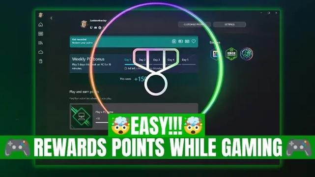 A vibrant graphic showing a gamer surrounded by Xbox, PC, and mobile gaming icons, with floating Microsoft Rewards points and gift card symbols. Text overlay reads: "Earn 1000+ Microsoft Rewards Points per Week While Gaming!" The background features Xbox green and digital elements to evoke a fun, high-tech vibe.