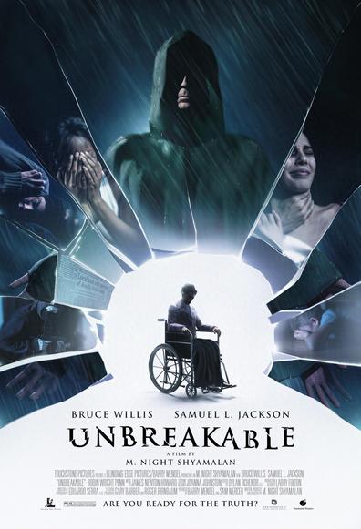 A tribute poster to "Unbreakable", the M. Night Shyamalan film, depicting the Overseer surrounded by shards of glass containing glimpses into the lives of the people he touches, while Mr. Glass sits ominously in a wheel chair.