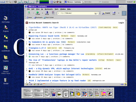 OS/2 Warp 4 desktop showing a Seamonkey browser desktop on tilde.news page.