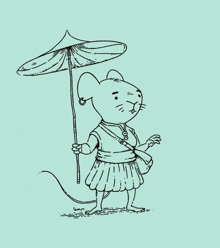 Drawing of a mouse adventurer holding an umbrella