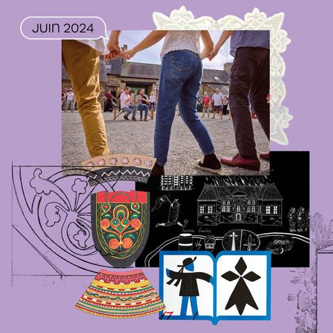 Collage de photos et éléments illustrés sur fond violet, à partir de trouvailles glanées dans les collections numériques du Musée de Bretagne : un napperon, des broderies et du mobilier breton, du graphisme vernaculaire et un détail de la carte de la Bretagne dessinée par Mioshe à même le sol à découvrir au Musée de Bretagne.