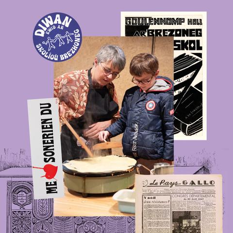 Collage de photos et éléments illustrés sur fond violet, à partir de trouvailles glanées dans les collections numériques du Musée de Bretagne : un sticker Diwan, un sticker Me love sonerien du, une photo d'une femme âgée et d'un enfant tournant des crêpes sur un bilig, un extrait du journal Le pays Gallo, une gravure d'un mobilier breton.