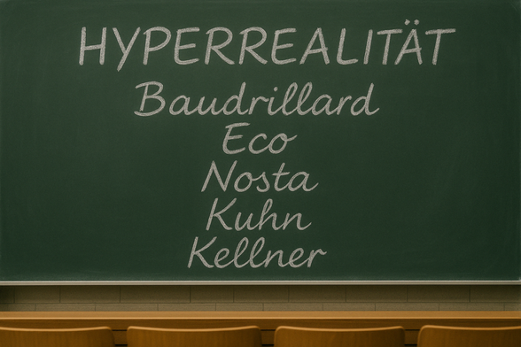 Grüne Tafel mit der Aufschrift "HYPERREALITÄT" und den Namen Baudrillard, Eco, Nosta, Kuhn und Kellner in Kreideschrift.