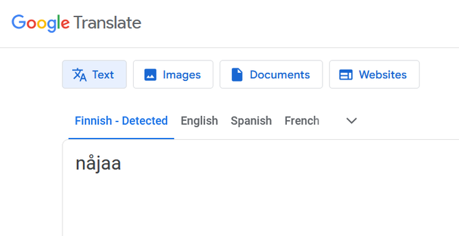 ruutukaappaus Googlen translate-palvelusta: kirjoittamalla käännettävän tekstin ruutuun nåjaa (eli sanan, jolla KAJ'n euroviisulaulu Bara bada bastu alkaa) palvelu uskoo sanan olevan suomea: "Finnish - Detected"