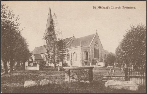 Printed sepia postcard showing a view of St Michael's Church at Braintree in Essex.

Published by C. Joscelyn, 76 High Street, Braintree, No 1680-258, c.1910.

Postally unused.

Very good condition, with very slight corner bumps.