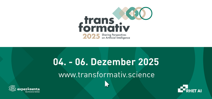 Das Bild zeigt eine Ankündigung für die transformativ Tagung von RHET AI Center und experimenta. Am oberen Rand ist das Logo der transformativ-Tagung zu sehen mit dem Untertitel „Sharing Perspectives on Artificial Intelligence“ In der unteren Bildhälfte steht „04.-06. Dezember 2025, www.transformativ.science“