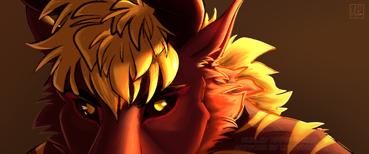 A red dragon with a yellow mane, eyes, and markings. Only the top half of his face and the edge of his shoulder is visible. He is lit by a very strong warm light from the right.