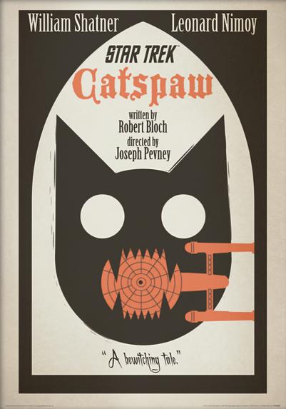 A poster for Star Trek episode Catspaw, featuring a simple geometry silhouette of a cat with its mouth around the Enterprise.