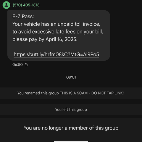 A phishing RCS group message, renamed by myself to let everyone in the group know it's a scam. I then left the group.