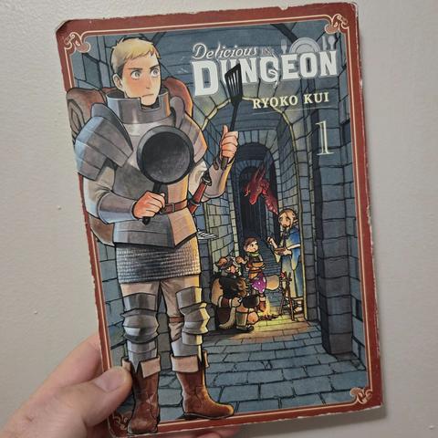 Photograph of a white person's hand holding Delicious in Dungeon, Volume 1 against a light colored wall. The cover is bordered in red and gold with the title in the upper right-hand corner. To the left is a light skinned, blonde man in a suit of plate armor holding cooking utensils. Behind him in dull light is a small group of fantasy adventurers and a red dragon behind that.