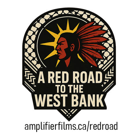 Logo for "A Red Road to the West Bank" showing a Mohawk warrior and a keffiyeh