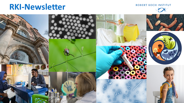 Collage zum RKI-Newsletter mit dem Titel "RKI-Newsletter" und dem Logo des Robert Koch-Instituts. Die Bildmotive zeigen u. a. das RKI-Gebäude, Viren- und Bakterienaufnahmen, eine labordiagnostische Untersuchung mit einer Hepatitis-C-Probe, ein Kind mit Superheldenumhang, eine geimpfte Schülerin, eine Zecke auf einem Grashalm, ein Labor mit Petrischale, eine internationale Beratungssituation sowie eine One-Health-Grafik mit Mensch, Tier und Umwelt.