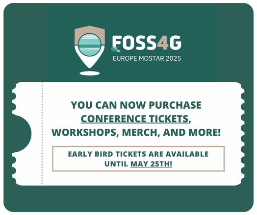 A graphic saying you can now purchase conference tickets, workshops, merch, and more for FOSS4GE. Early bird available until May 25th.