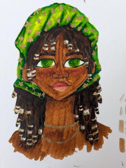Brushpen drawing of a girl with dreads and a green bandana