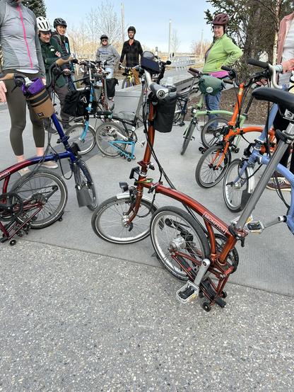 Calgary Brompton League ride with all the colours. A collection of folding Brompton bicycles before the ride.
