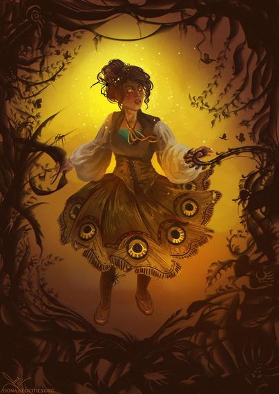 The Starry-Eyed Poetess, a young lady from Fallen London, looking around the golden-hued Parabola in a mix of surprise, shock, and determination. Her eyes are glowing yellow and amber with Prisoner's Honey and there are tiny stars on her face. She is wearing a Victorian-inspired brown dress with big white sleeves. The skirt is made to mimic a brown moth's wings, and the moth-eyes are made of small, glittering beads. A few small spiders peak out from her clothing and hair. She is pushing the jungle-vines aside and there are lots of hidden moths and spiders scattered around the plants.