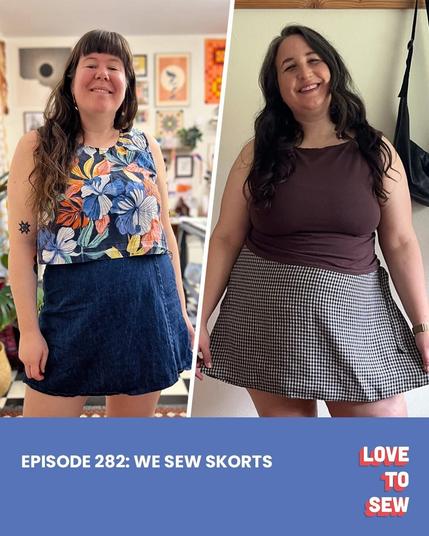 Helen wears a denim skort with a floral tank and Caroline wears a brown and cream gingham skort with a brown tank.
