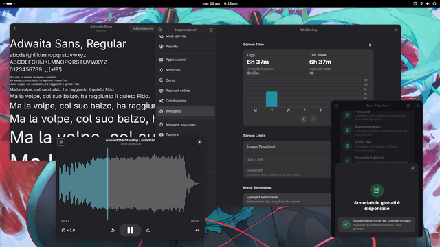 GNOME 48 on Fedora Silverblue 48, with Hatsune Miku wallpaper.

Apps on screen: Decibels (GNOME Audio Player), Door Knocker, Wellbeing on Settings, Adwaita Sans preview on Fonts.
