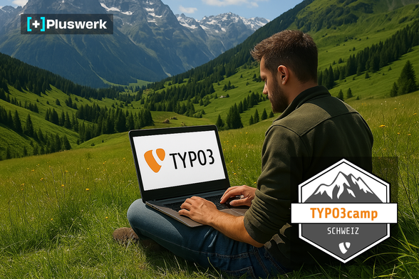 A man sitting in a green alpine meadow with a laptop showing the TYPO3 logo. In the background are majestic Swiss mountains. The +Pluswerk logo is in the top left, and the TYPO3camp Switzerland logo is in the bottom right.