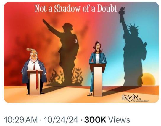 a cartoon image of Trump and Harris with the shadow of a fascist salute projected behind Trump and a shadow of the statue of Liberty projected behind Harris