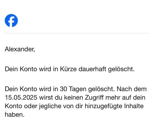 The image contains a notification from Facebook informing a user named Alexander that their account will soon be permanently deleted. It specifies that the account will be deleted in 30 days.