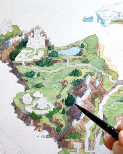 RPG world map watercolor painting, with plains and mountains painted, but cities and water outlined and white.