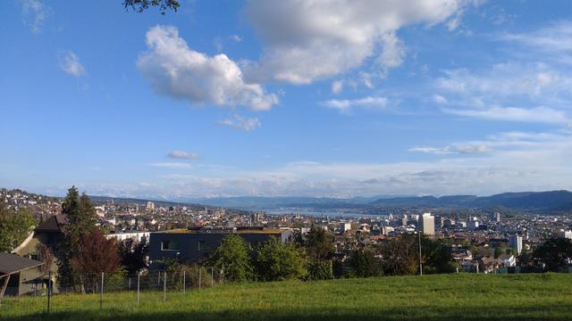 Blick von der Rötelterrasse auf Zürich, den Zürisee, den Zimmerberg und in der Ferne die Alpen. Oben blauer Himmel mit ein paar weissen Wattenwolken, im Vordergrund ein grüne Wiese.