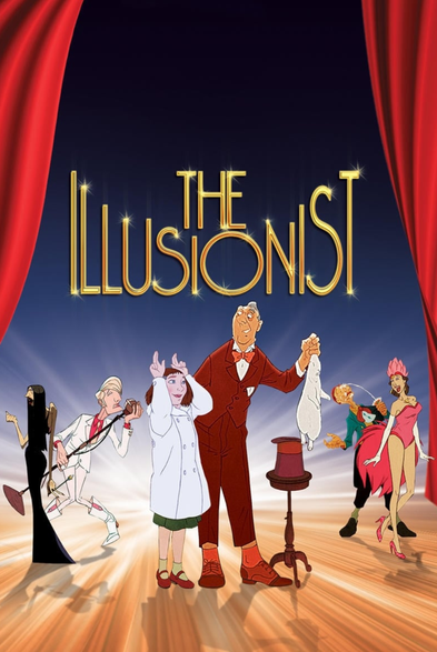 On a stage stands a man in a red tuxedo. He's holding a rabbit by the ears over a red tophat on a stool. He's smiling at a young woman in a white, expensive coat. She has her fingers on her head like a rabbit, smiling. To one side of them is a young guy in a white outfit singing passionately into a mic, and a boney woman in black checking her finger nails. To the otherside is a sad clown washing the makeup off with his water squirt gun, and a showgirl in pink.