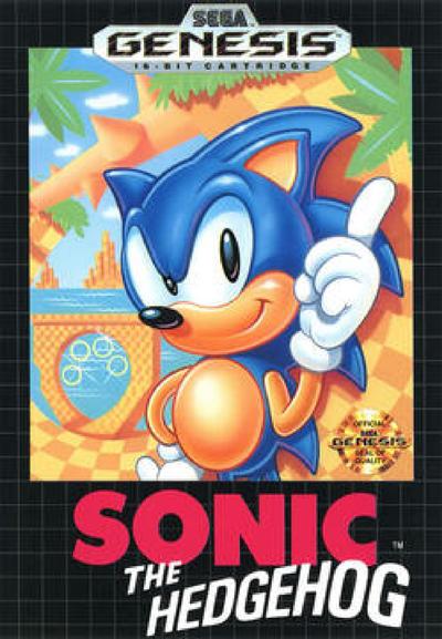 The US Sonic 1 box for comparison (a green hill zone background, instead of the monochrome line art of Robotnik and enemies)