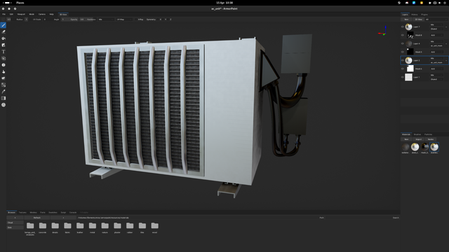 Armorpaint 0.10 Alpha running in GNOME. The main 3D viewport shows a fictional Air Conditioner Condensor unit with missing or incomplete textures. The main base is white, with the metal grille and bars being a light grey colour. The radiator is black and has many fins textured in it.

Normally a fan is covering this up and isn't exposed in the real world, but I took some creative freedom on that.