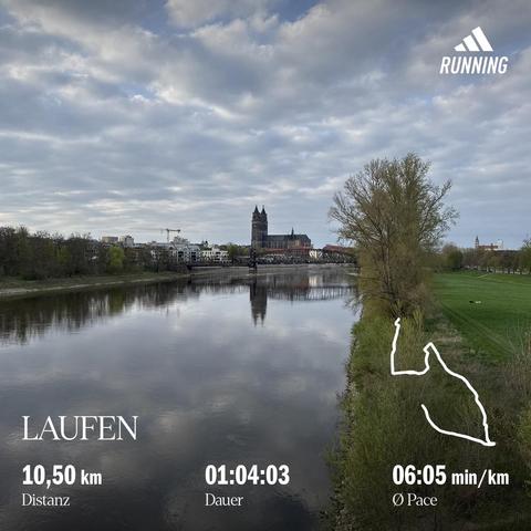 Blick über einen Fluss (Elbe) am Rand säumen. Frühlingsgrüne, Sträucher und Bäume, im Fluss am Horizont spiegelt sich der Magdeburger Dom in der Elbe, davor eine Eisenbahnbrücke (Hubbrücke), links am Horizont ist die Silhouette der Johanniskirche erkennbar, auf der anderen Seite der Elbe, weiße Häuser und ein Baukran