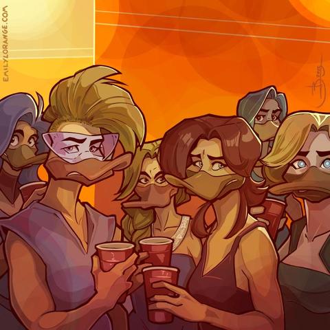 a redrawing of the meme where several women in a dark room at a party are looking confused or annoyed at the person taking their photo, all holding a red solo cup. they have been redrawn as duck people.