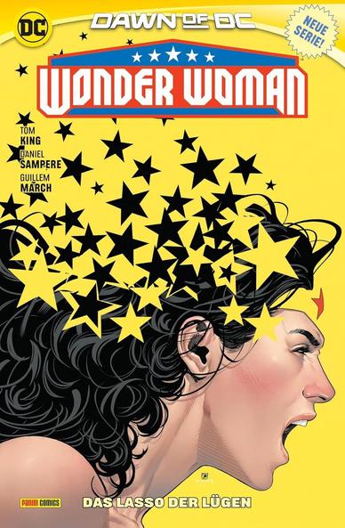 Das Cover des Comics Das Lasso der Lügen zeigt das Seitenprofil des Kopfes einer schreienden Person. Sie trägt ein Stirnband mit einem wahrscheinlich fünfzackigen Stern. Das lange Haar ist teilweise von Sternen überdeckt, die dabei die Farbe des Hintergrunds und im Hintergrund, die des Haars haben.