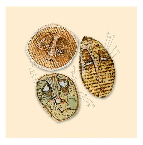 Free-form, hand drawn, linear faces of an exaggerated  expressions. The faces is drawn in pencil onto pieces of aged paper and maps, with white highlights. NOTE: This description is created especially for my lovely blind friend, Georgiana. :-)