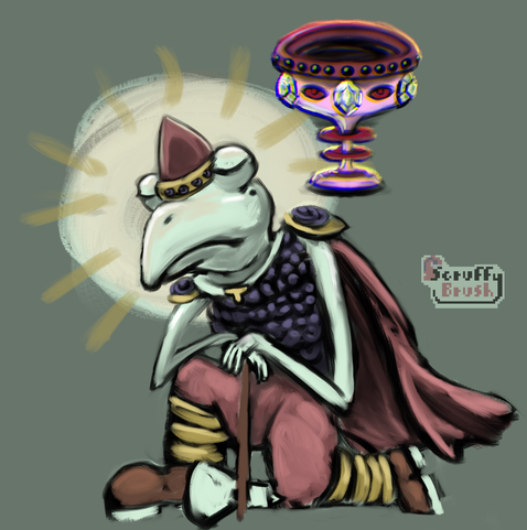 Swampy the frog kneeling to pray and thinking about goblets hmm