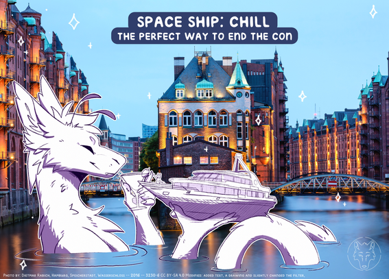 A giant dragon is depicted, holding up a boat and toasting a drink with its captain. Both of them are located inside one of Hamburg's many canals. 
The image is labelled by the Text: "Space Ship: Chill
The perfect way to end the con" 
Accompanied by the Creative Commons licence notice in the bottom left. 

Original Photo by Dietmar Rabich
Edit by @Swatthy