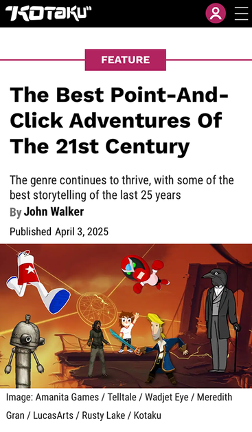 Screenshot of Kotaku article written by John Walker: "The Best Point-and-Click Adventures of the 21st Century