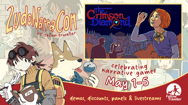 Promo image for LudoNarraCon 2025, with The Crimson Diamond as an Official Selection! The event runs from May 1-5.