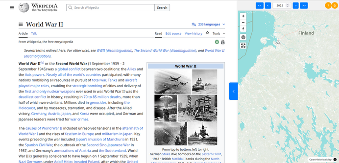 The English Wikipedia article on World War II with a map of Finland as of 2025 on the right side. (© Wikipedia contributors, CC BY-SA 4.0)