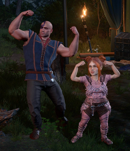 Minsc and my halfling paladin, posing and flexing their biceps. The paladin is dressed in pale pink armour and her red hair is on two buns and two long braids (the braids aren't visible in the pic, though). She's super cute.