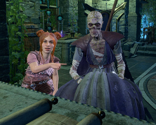 The halfling paladin next to Withers. Withers is sitting on a chair, looking tired (as always). The halfling is looking at the camera, smiling and pointing at Withers.