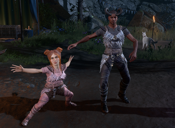 The halfling paladin and her boyfriend Wyll, dancing in the reunion camp. They are wearing matcing armours, except that her armour is pale pink and Wyll's is grey and black.