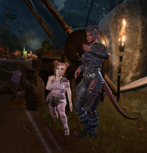 The halfing paladin and her BFF Karlach, chilling against some barrels, looking very cool. Karlach is enjoying a pint of beer.