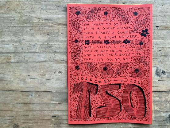 The cover of an illustrated zine, featuring a terrible poem that goes: oh what to do / with a giant spider / who starts a coup / with a stoat insider / well, vision is key / you’ve got to lie low / and when their backs turn / then it’s go, go, go!