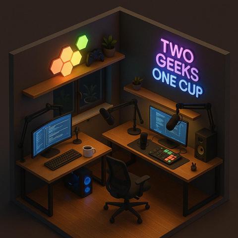 Ein KI-generiertes Diorama eines Podcast Studios mit dem Titel des Podcasts „Two Geeks One Cup“ als Neonreklame an der Wand.