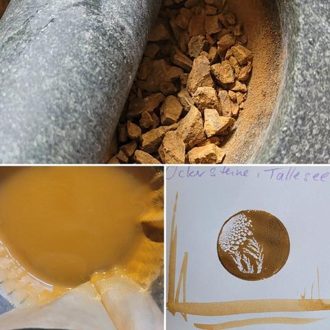 Fotocollage von der Pigment-Herstellung: oben kleine gelbe Steine in einem Granitmörser,  unten links flüssige gelbe Pigmentlösung in einem Kaffeefilter,  daneben rechts der braune Pistillabdruck